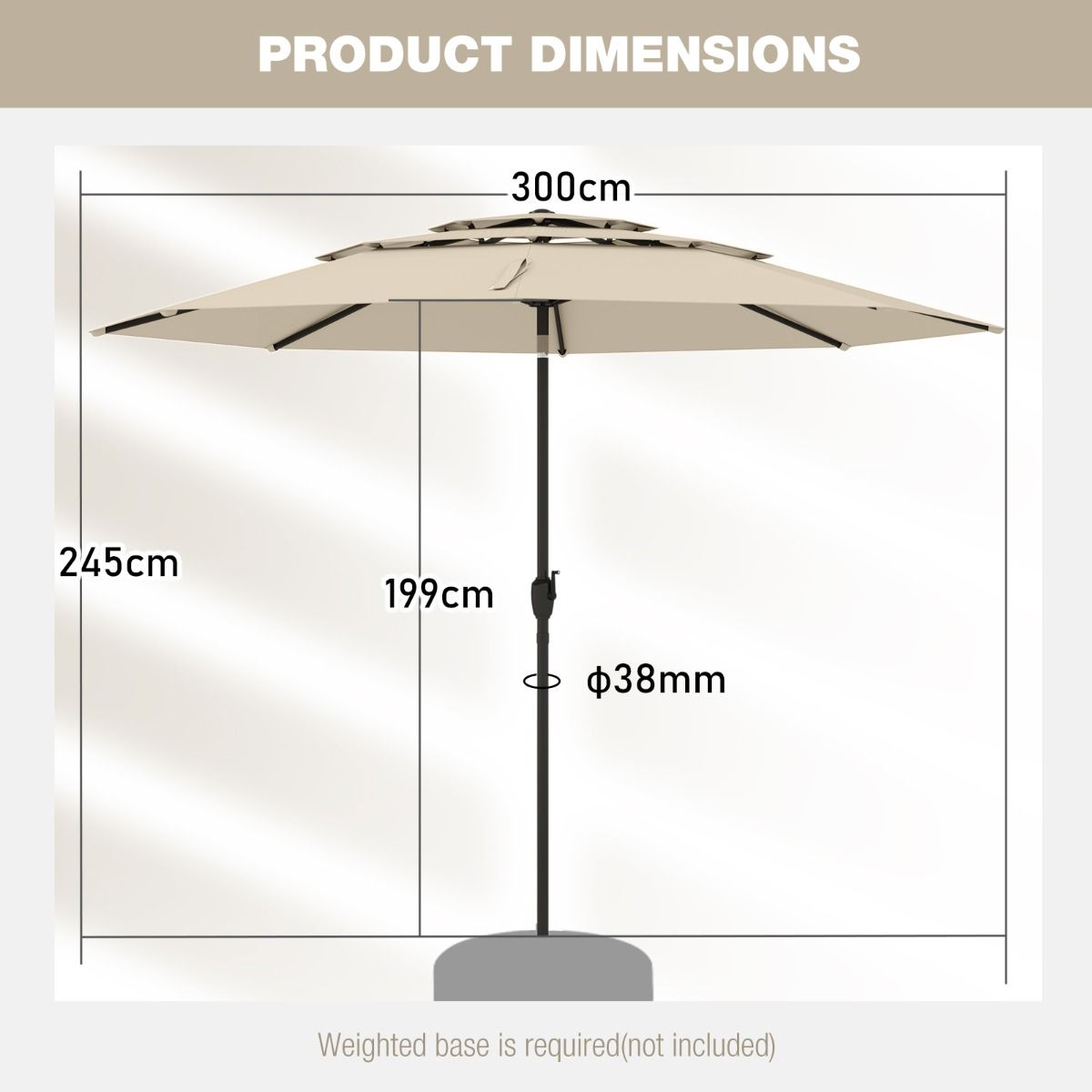 Coast Tafelparasol - 3-laags geventileerd - Kantelbaar met handslinger - 300 cm rond - Beige