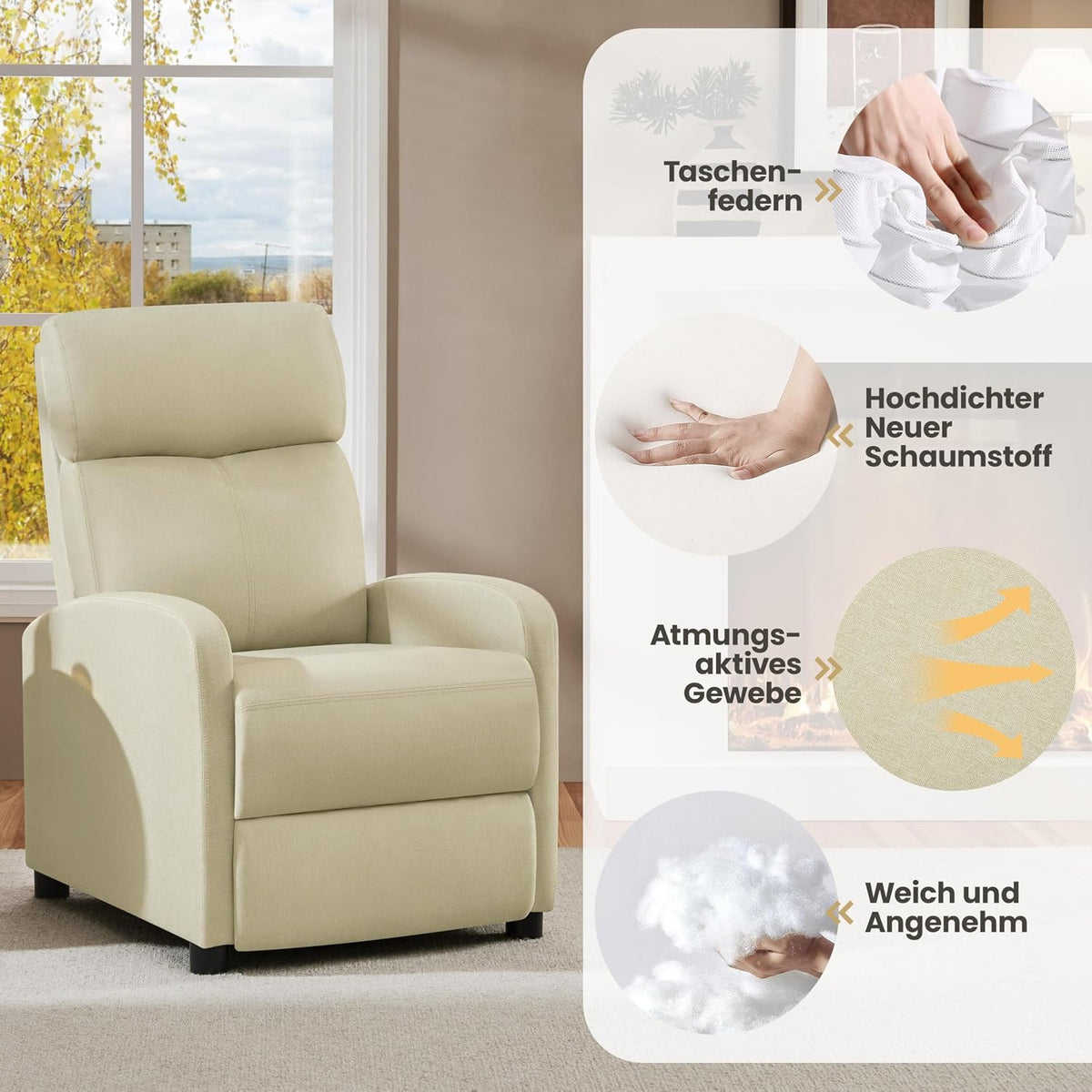 Yaheetech Relaxstoel TV Stoel - 87 x 61,5 x 99 cm - Verstelbare Voetsteun - Beige