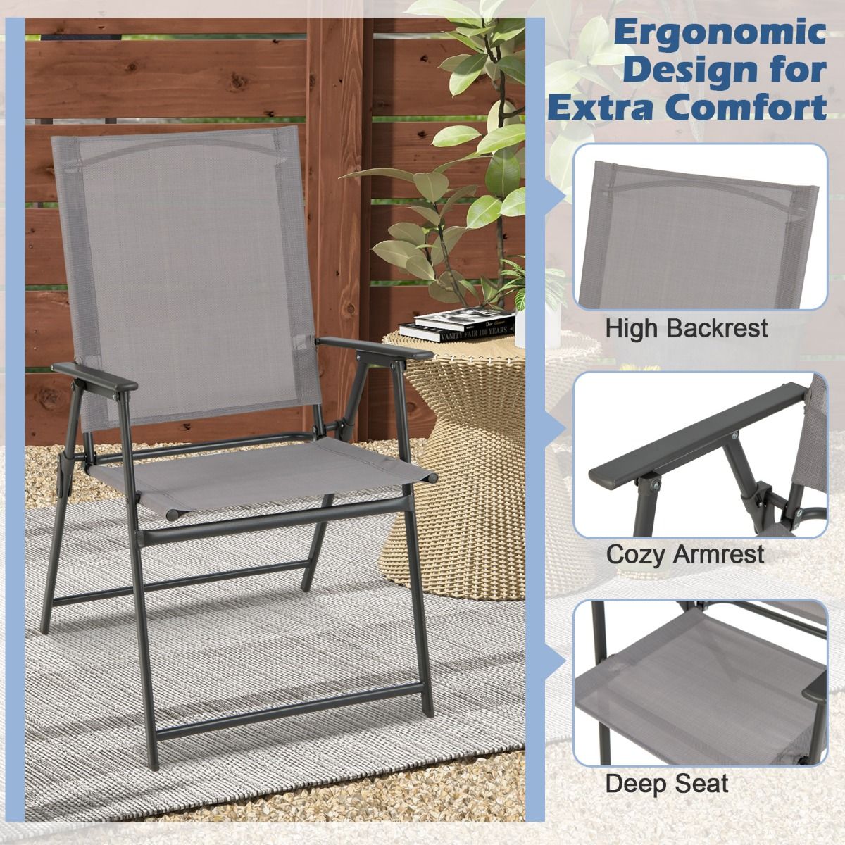 Coast Opvouwbare Tuinstoelen Set van 4 - hoge rugleuning - ergonomisch - grijs