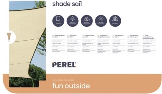 Perel Schaduwdoek, waterdoorlatend, luchtdoorlatend, 3.6 x 3.6 m, 180 g/m², HDPE, vierkant, champagne