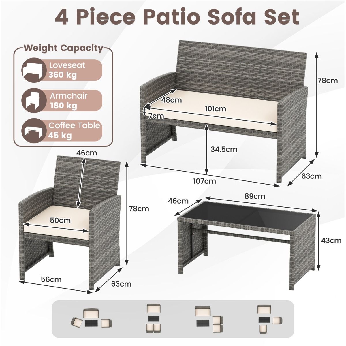Coast 4-delige tuinmeubelset - rotan loungeset met witte kussens - tafel met veiligheidsglas - grijs