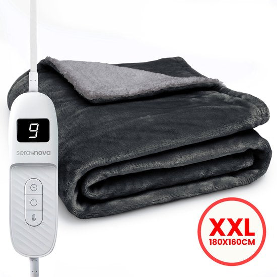 Seranova Elektrische Deken XXL - 180x160 cm - 2 persoons Bovendeken - Warmtedeken - Dubbelzijdig - Fleece Sherpa - Antraciet Grijs