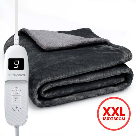 Seranova Elektrische Deken XXL - 180x160 cm - 2 persoons Bovendeken - Warmtedeken - Dubbelzijdig - Fleece Sherpa - Antraciet Grijs