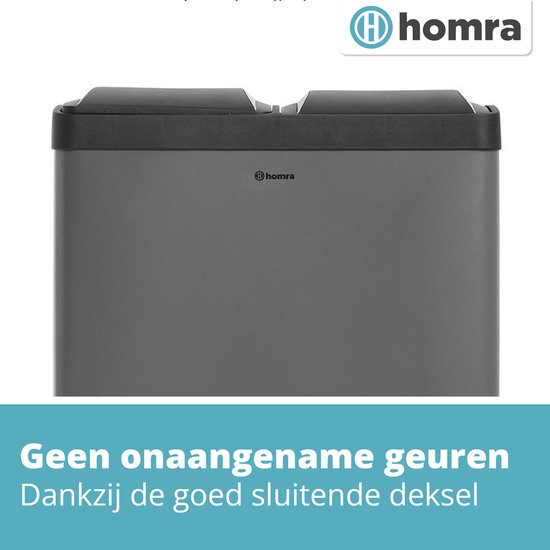 Homra NEVIQ Pedaalemmer 60 Liter - Grijze Prullenbak Afvalscheiding met 2 vakken - 2x30 L - 2-vaks Afvalemmer 60 Liter - Pedaal Vuilbak - Hygiënisch Afval scheiden - Grijze Duo Prullenbak - Dubbele Vuilnisbak