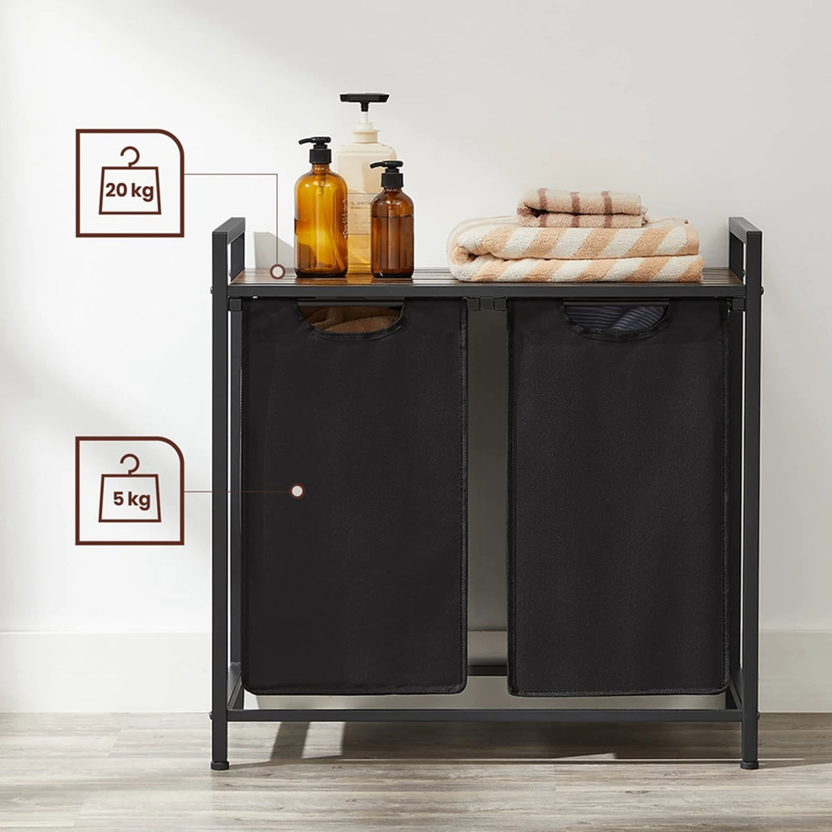 JOYFURNOS Wasmand met 2 Vakken - 2 x 46 Liter - 73 x 33 x 72 cm - Vintage Bruin-Zwart