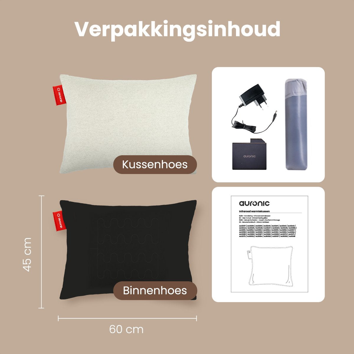 Auronic Verwarmingskussen - Klassiek - 45x60 cm - Oplaadbaar - Elektrisch kussen - Infrarood - Taupe