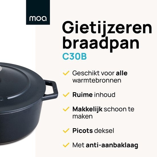 MOA Gietijzeren Braadpan C30B - Inhoud 7,2 liter - 30CM - Rond - Alle warmtebronnen - Ook voor inductie - 31.2 x 38.1 x 15.5cm - Zwart