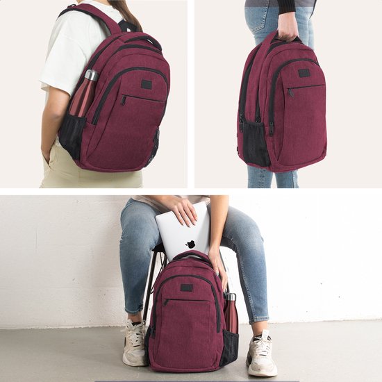 TRVLMORE Rugzak met Levenslange - Rugtas met 15,6 Inch Laptopvak - Schooltas - Spatwaterdicht - Heren en Dames - Jongens en Meisjes - 28L - Burgundy