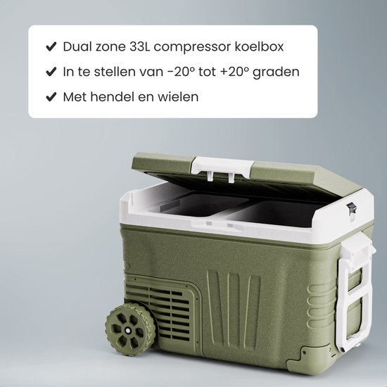 Auronic Elektrische Koelbox - Compressor - 2 Zones - 33L - 12/24V en 240V - Koelen en Vriezen - Camping Koelkast - Frigobox Auto - Met Wielen en Hendel - Groen