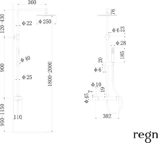 Regn thermostatische regendouche met planchet, mat zwart