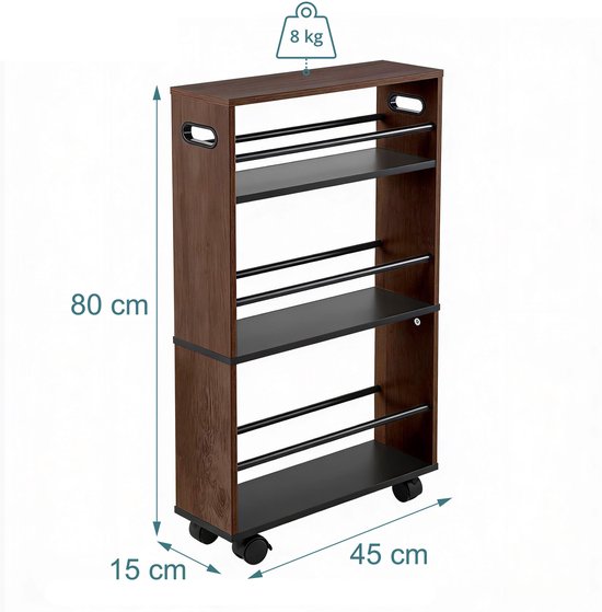 Keukentrolley op wieltjes - 80 x 15 x 45 cm - smal - zwart-bruin
