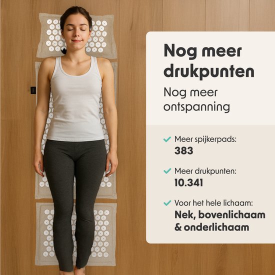 LifeGoods Acupressuur Mat Eco - 72x43x2cm - Spijkermat met Kussen / Draagtas / 2x Triggerpoint Bal - Accupunctuur mat - Spijkerbed - Beige/Wit
