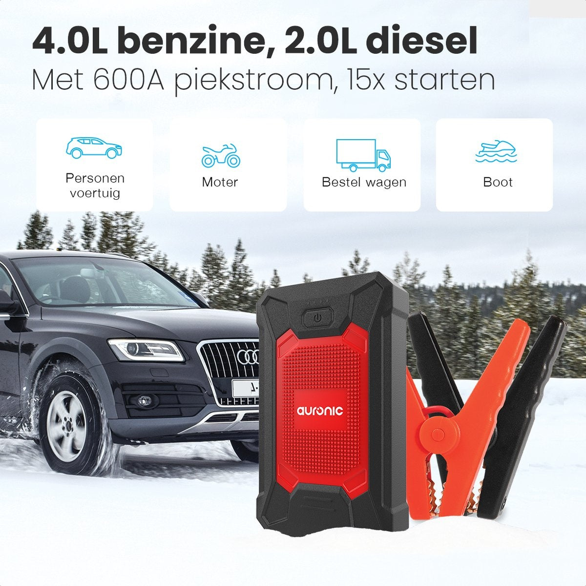 Auronic 12V Jumpstarter voor Auto u2013 600A / 7.200 mAh u2013 4-in-1 starthulp u2013 Incl. tas - Rood/Zwart