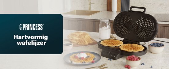 Princess 132384 Dubbel Wafelijzer - 10 hartvormige - 1200W - Regelbare thermostaat- 5 standen - Anti aanbaklaag - PFAS-vrij - Zwart - Gaufrier