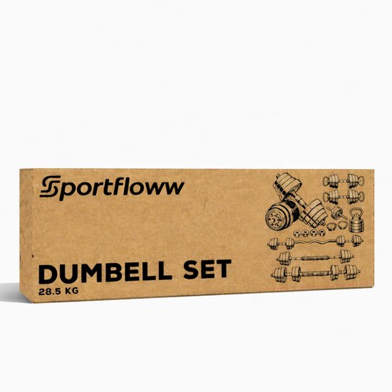 Sportfloww Dumbbells 28.5 KG – Halterset - Gewichten Set met Kettlebell, Barbell, EZ curl bar & AB roller – Verstelbare dumbells