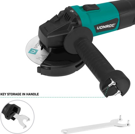 VONROC Haakse slijper 900W - Ø125mm – 11.000 tpm – Inc. zijhandgreep voor links- en rechtshandig gebruik – 3 meter kabel - excl. slijpschijf