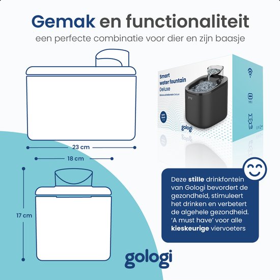 Gologi Drinkfontein Kat en Hond XL – 3,5L – Slimme Waterfontein met app – Kattenfontein – Geruisloos – Zwart