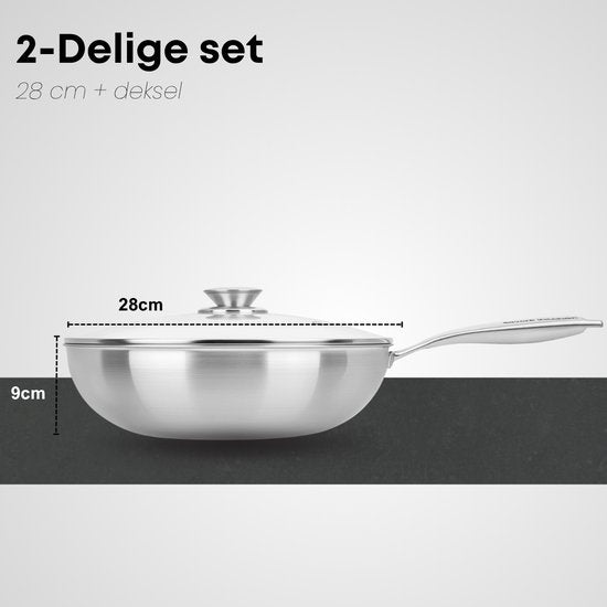 Savoré Kitchen Wokpan RVS 28 cm met Deksel – Inductie Geschikt – Wokpannen – 3-Ply – Professionele Warmteverdeling