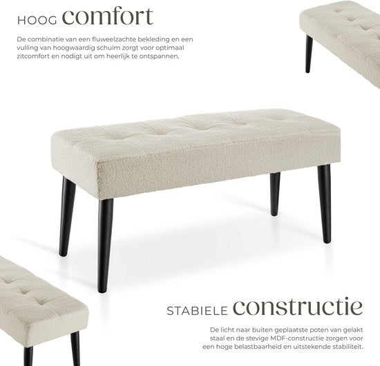 tectake® Gestoffeerd Bankje - 95 x 38 x 45 cm - Stikpatroon - Draagkracht 220 kg - Zitbank - Halbank - Bank voor Woonkamer, Slaapkamer, Bedeinde - Bouclé Crème
