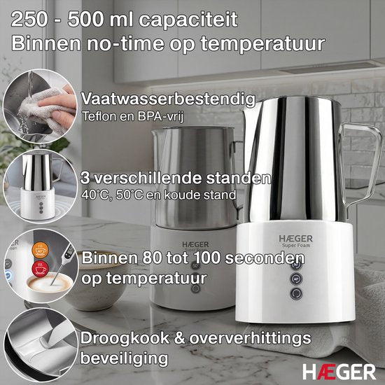 Haeger Super Foam Elektrische Melkopschuimer - BPA- & PFAS-Vrij - Warmhoudfunctie & Antikleeflaag - 250 ml - 600W - Handige Melkschuimer - Melkklopper - Wit