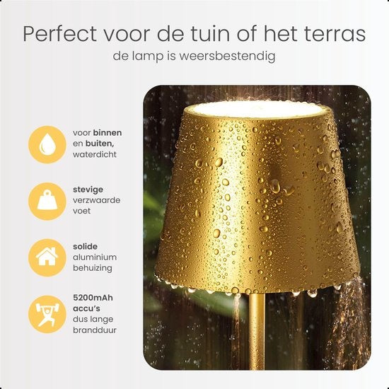 Goliving Tafellamp Oplaadbaar – Draadloos en dimbaar – Moderne touch lamp – Nachtlamp Slaapkamer – 26 cm – Goud