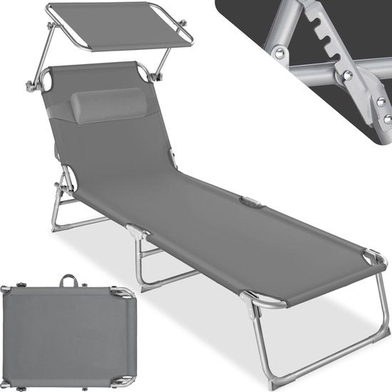 tectake® - ligstoel, robuust, verstelbaar, stalen onderstel met zonnescherm, 4-standen rugleuning inclusief hoofdkussen, strandstoel Ideaal voor tuin, zwembad, camping - grijs
