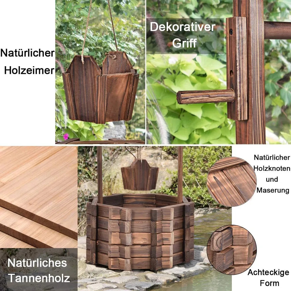 Coast Tuinfontein met Houten Put, Emmer en Bloempot met Dak – Rustiek Design – 43 x 39 x 72 cm – Bruin