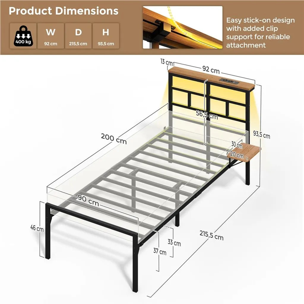 Yaheetech Metalen Bedframe met LED en Oplaadstation, 90x200 cm, Zwart