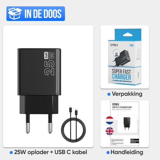 Strex USB-C & USB-A Snellader 25W - GaN Oplader met PD 3.0 & QC 3.0 - Inclusief USB-C Kabel - Zwart