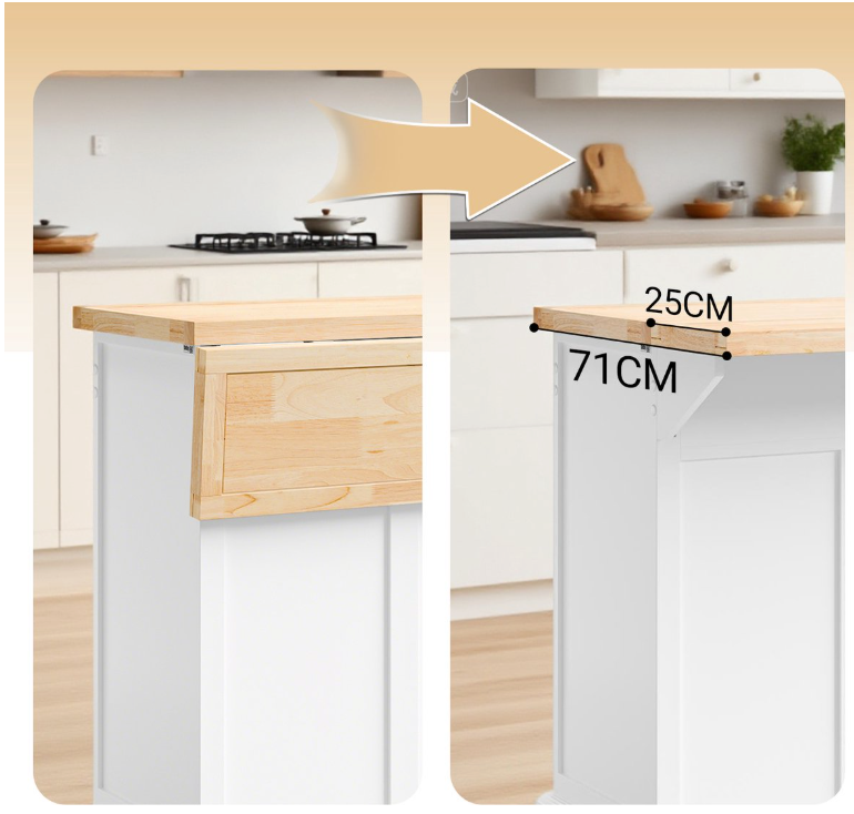 SoBuy – Keukeneiland & Keukentrolley FKW71-WN – 115x71x93 cm – Wit & Natuur Rubberwood – Uitbreidbaar Werkblad & Opbergkast – Verrijdbaar Keukenblok op Wielen – FKW71-WN