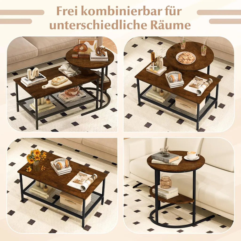 Coast Salontafel Set van 2 – Ovale en Ronde Bijzettafel met Metalen Frame – Bruin