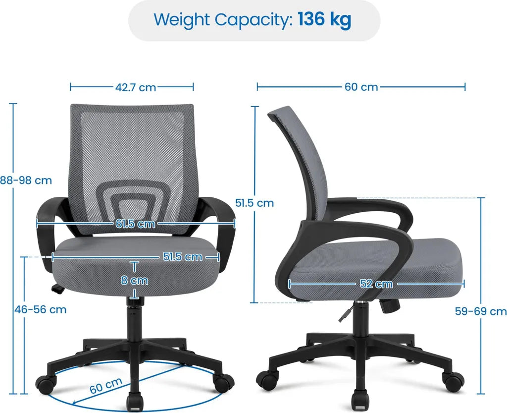 Yaheetech Bureaustoel Ergonomisch met Wipfunctie, Donkergrijs