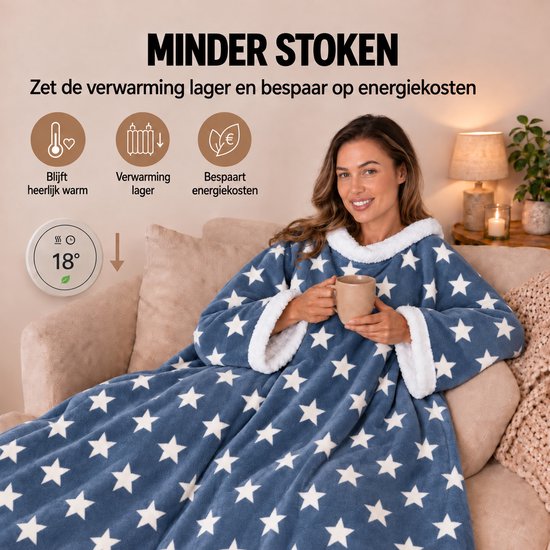 Fleece Deken met Mouwen - Plaid met Mouwen - Hoodie Deken - Hoodie Blanket - Huggle Hoodie - Snuggle Hoodie - Dekens - TV Deken - Blauw - Sterren - Dames en Heren - Volwassenen - 180x130 cm - Noodpakket - Kerstcadeau - Snuggie Moment