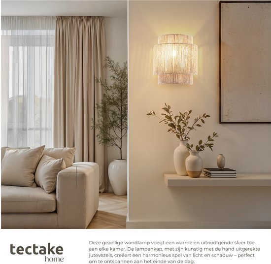 tectake® Wandlamp Lignea Lux - 40W - 12 x 23 x 25,5 cm - E14 - Muurlamp voor Woonkamer, Slaapkamer, Eetkamer - Jute Lamp in Boho Stijl - Trapverlichting - Halfrond