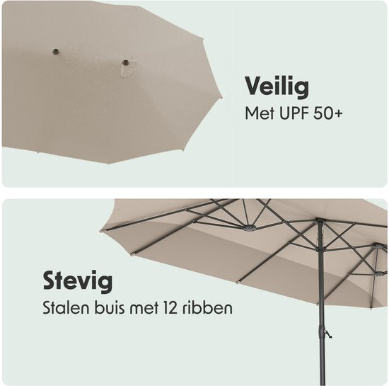 LifeGoods Dubbele Parasol - Tuin - 270x460cm - tot 15 Personen - Waterdicht - met Hoes - Taupe