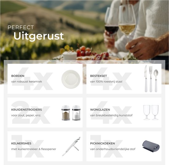 tectake® complete Picknickmand Set Vlieland - Luxe 23-delige Picknick set voor 4 personen - Rieten Picknick Mand met Picknickkleed - Inclusief Koelvak, Set met Borden, Kunststof Wijnglazen en Roestvrijstalen Bestek