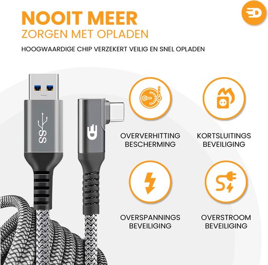 Drivv. USB naar USB C Kabel - Haaks - 2024 Model - USB C Data en oplaadkabel - Fast Charge / Snellader - 1 Meter Kort - Geschikt voor Samsung, iPhone 15 en Meer - Grijs