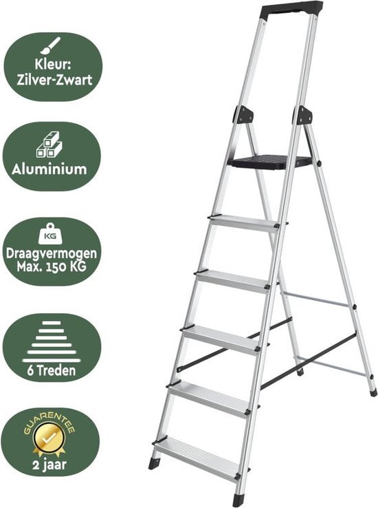 BRASQ Huishoudtrap 6-treden Zilver - keukentrap inklapbaar aluminium voor particulier en professioneel gebruik - Trap Ladder - Anti slip