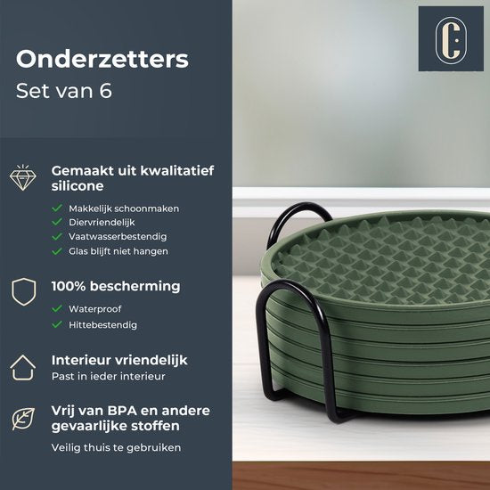 Castagnola Siliconen Onderzetters – Onderzetters voor Glazen – Design Onderzetters met Houder – Onderzettersset – Anti Slip - Set van 6 – Groen