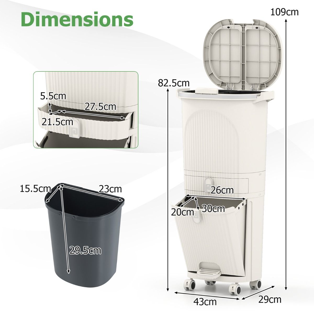 Coast Keukenafvalbak - 3-vaks afvalscheiding - voetpedaal en wielen - beige/wit - 42 liter