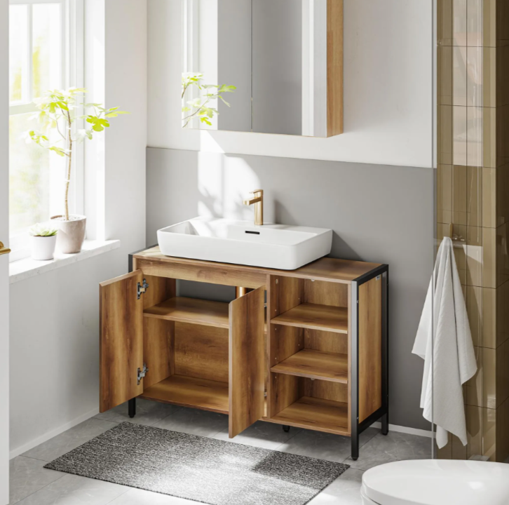 SoBuy Wastafelonderkast 90 x 30 x 60 cm - Bruin/Zwart - 2 Deuren - 3 Schappen