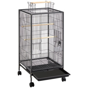 Yaheetech Vogelkooi Met Verrijdbaar Onderstel – Voorzien Van Uitschuifbare Lade En 4 Plastic Voerbakjes En 3 Houten Zitstokken – Voor Kleine Vogels En Parkieten – Gehamerd Zwart Metaal En Massief Hout – 45,5 x 45,5 x 100,5 cm