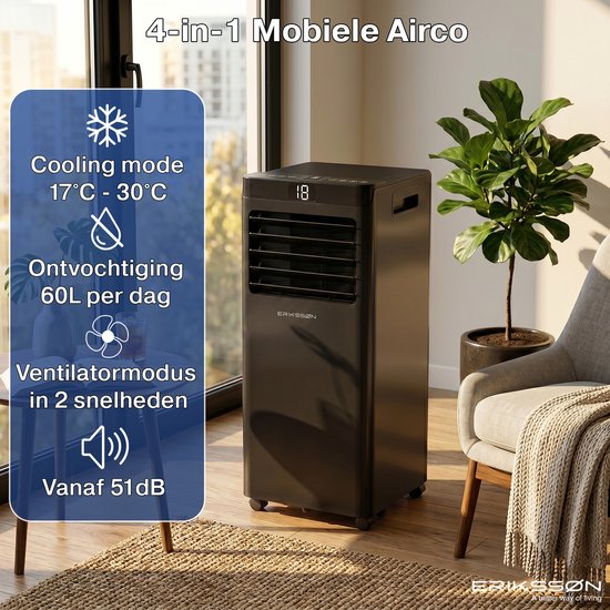 Erikssøn Mobiele Airco - 10.000 BTU - Incl. Raamafdichtingskit - Tot 30m² - 4-in-1 - Airconditioning - Ventilator - Ontvochtiger - Zwart