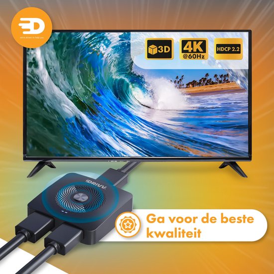 Drivv. HDMI Switch - 2-in-1 uit / 1-in-2 uit – Bi-directioneel – Ondersteunt 720p/1080p/4K/3D - Zwart