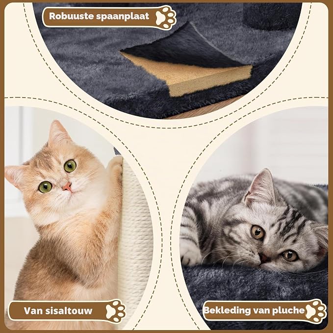 Yaheetech Krabpaal - Zwart - 40,5 x 40,5 x 58 cm - Met Kattenhol, Sisalpalen en Speelbal