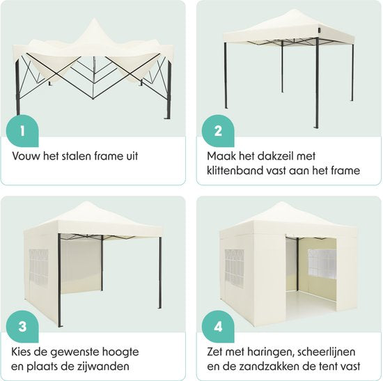 LifeGoods Partytent - Paviljoen - Easy Up - Opvouwbaar - Met Zijwanden - Waterdicht - Met Draagtas - 292 x 292 cm – Beige