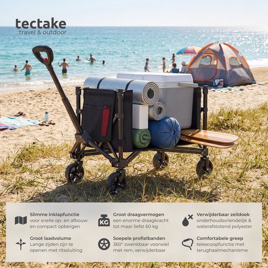 tectake® Bolderkar - Opvouwbaar - 60 kg Draagkracht - Draaibare Massieve wielen - 47 x 83 x 90 cm - Bolderkarren - Bolderwagen - Met Verstelbare Duwstang - Handkar - Waterafstotende Transportwagen - Met Legplank en Binnenvak