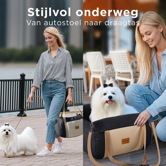 CozySense® Honden Autostoel - Hondenmand Auto voor Kleine Hond - Voorbank & Achterbank - Wasbare Hoes & Ook als Draagtas - Zwart/Beige