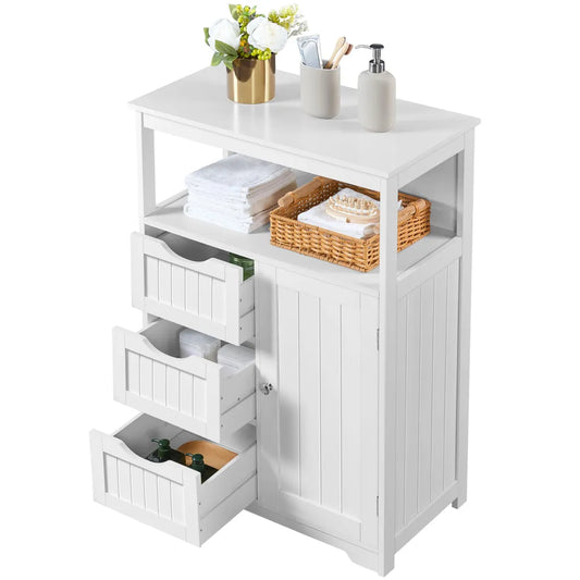Yaheetech Badkamerkast 66 x 35 x 90 cm - Wit - Houten Opbergkast met 3 Laden en Verstelbare Plank