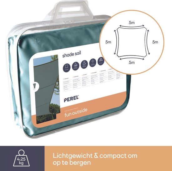 Perel Schaduwdoek, waterafstotend, 5 x 5 m, 160 g/m², polyester, vierkant, groengrijs